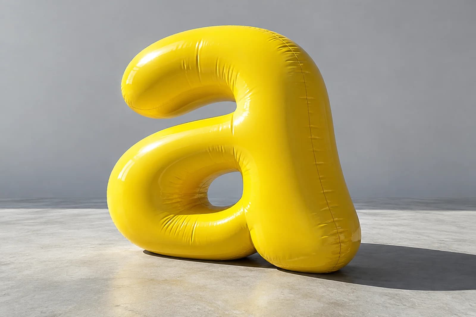 A monumental yellow letter a sculpted as an inflatable form in a sunlit studio
